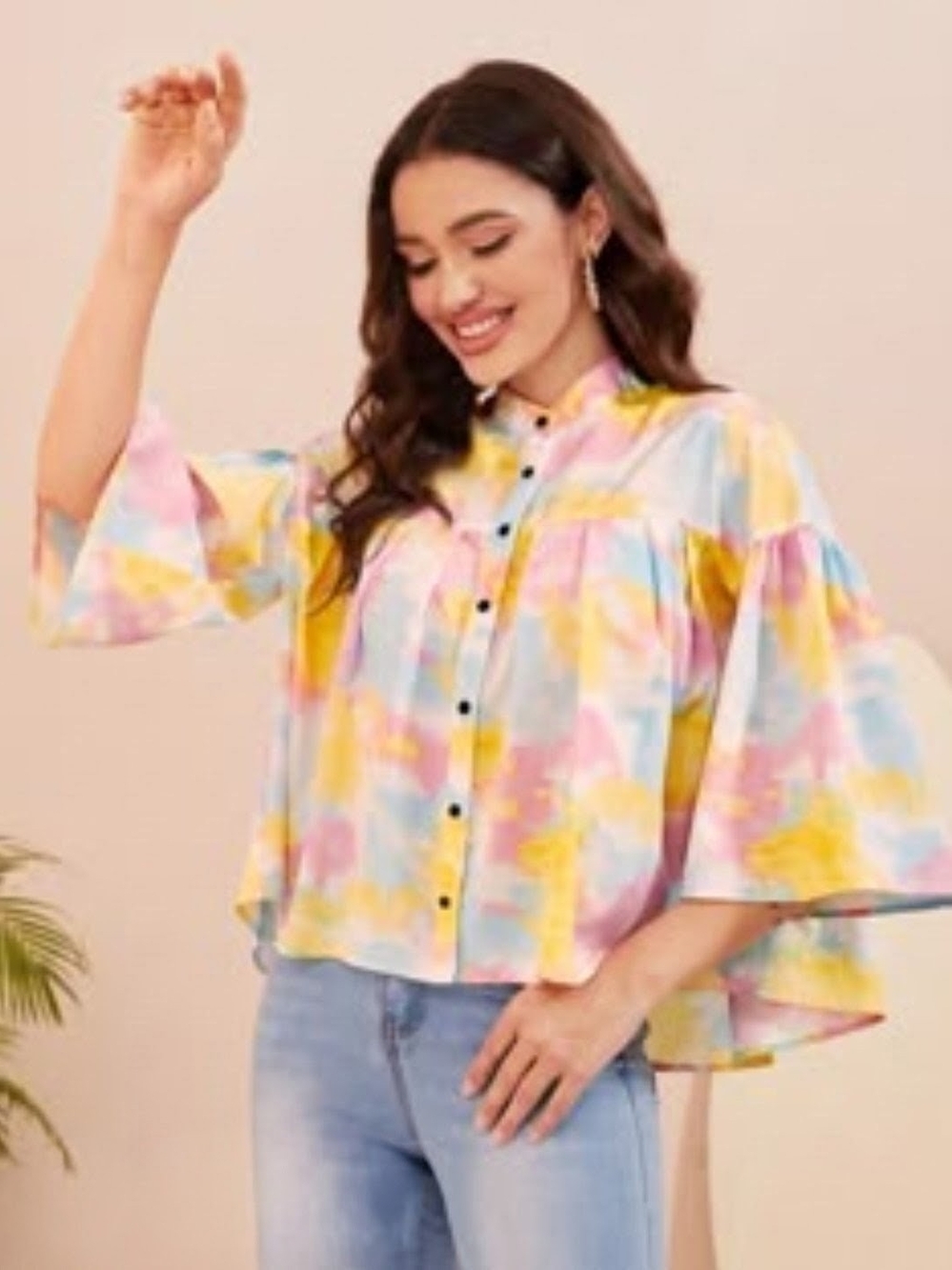 SHEIN Pastel Tie-Dye Flutter Sleeve Button-Up Blouse - Pink Yellow Blue